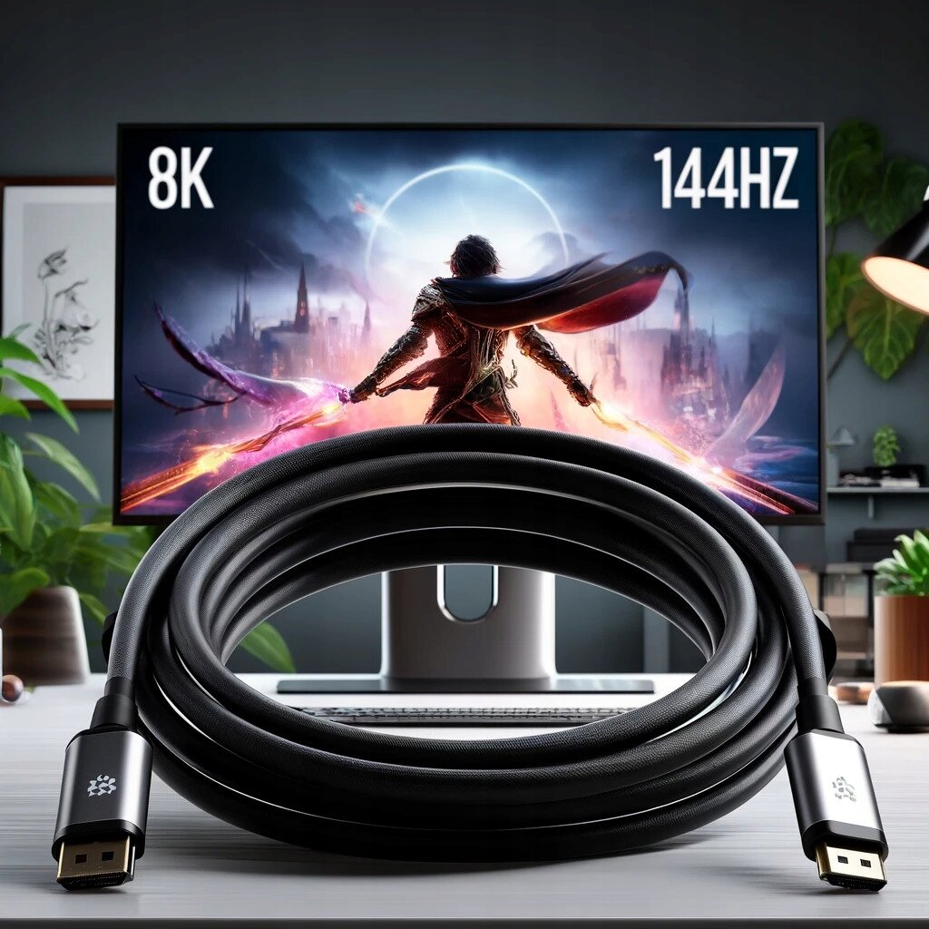 Na obrazie widoczny jest czarny kabel z końcówkami Mini DisplayPort i HDMI, umieszczony przed monitorem. Na ekranie monitora wyświetlana jest postać z mieczem, a w rogu widnieją napisy \'8K\' i \'144HZ\'.