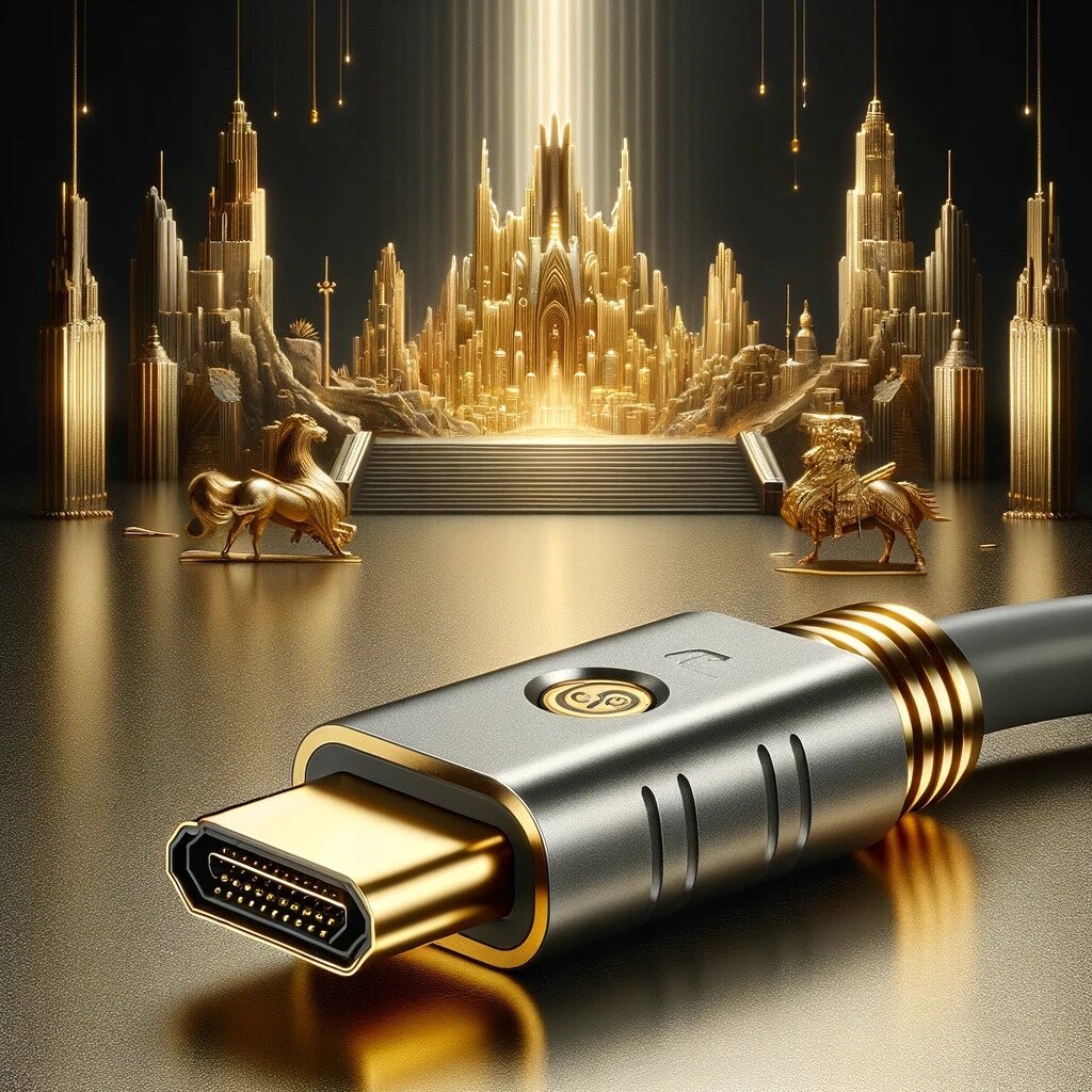 Obraz przedstawia złoty kabel HDMI z widocznym złączem, na tle złotej, fantazyjnej architektury przypominającej pałac. W tle znajdują się również złote figurki koni.