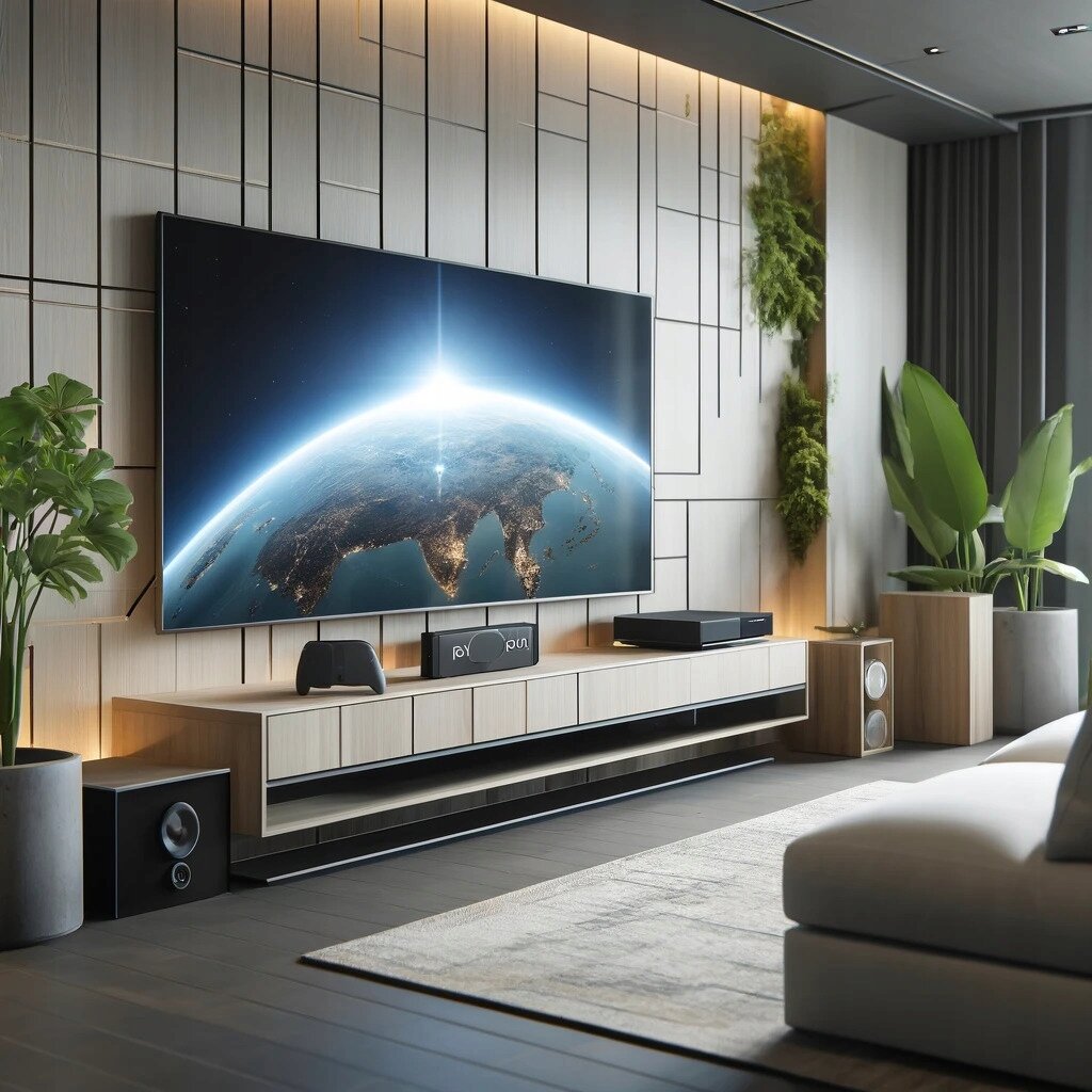 Nowoczesny salon z dużym telewizorem na ścianie, wyświetlającym obraz Ziemi z kosmosu. W pomieszczeniu znajdują się rośliny doniczkowe i eleganckie meble, w tym szafka RTV z głośnikami i konsolą do gier.