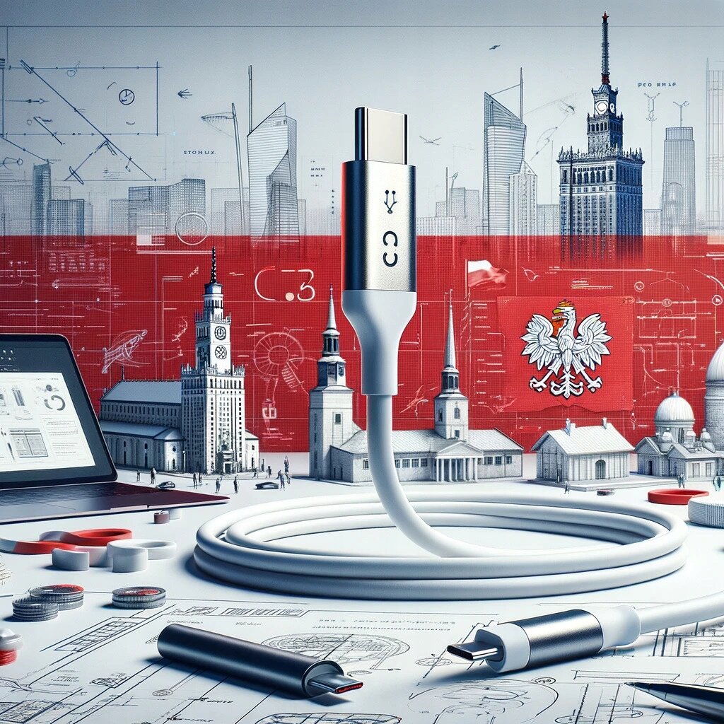 Na obrazie widoczny jest kabel USB-C z metaliczną końcówką, otoczony szkicami architektonicznymi i elementami technicznymi. W tle znajduje się czerwono-biała grafika z polskim godłem i sylwetkami budynków.