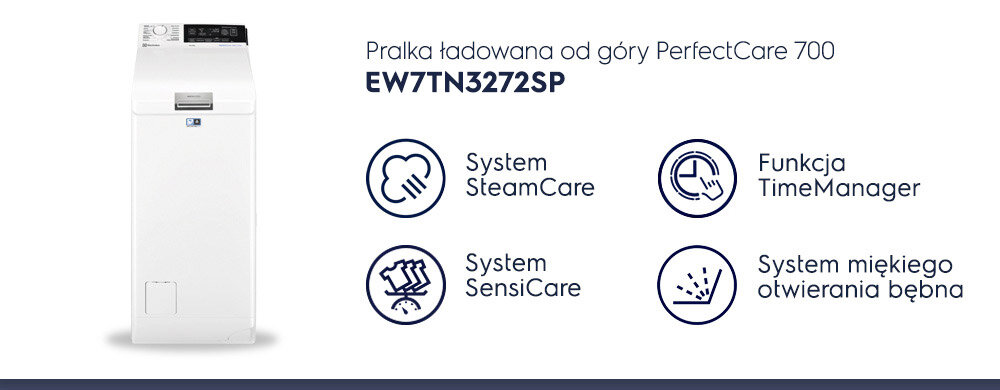 Obraz przedstawia pralkę ładowaną od góry z serii PerfectCare 700, model EW7TN3272SP. Obok pralki znajdują się ikony z opisami: System SteamCare, System SensiCare, Funkcja TimeManager, System miękkiego otwierania bębna.