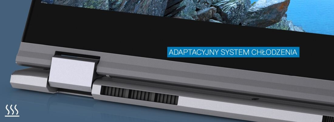 Zbliżenie na zawias laptopa z widocznymi otworami wentylacyjnymi. Na ekranie napis \'ADAPTACYJNY SYSTEM CHŁODZENIA\'.
