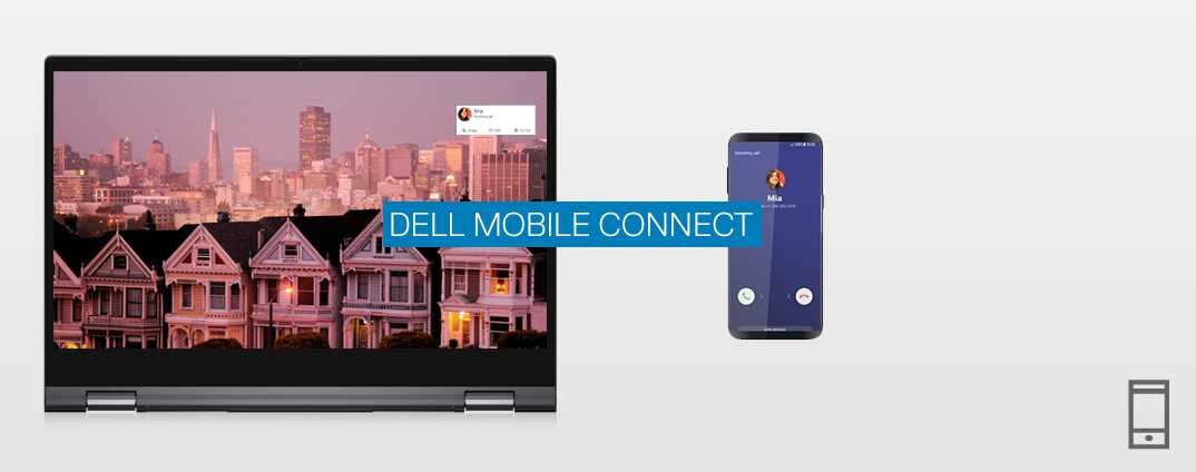 Obraz przedstawia laptop z wyświetlonym na ekranie zdjęciem miasta oraz smartfon z ekranem połączenia. Na środku widoczny jest napis \'DELL MOBILE CONNECT\'.