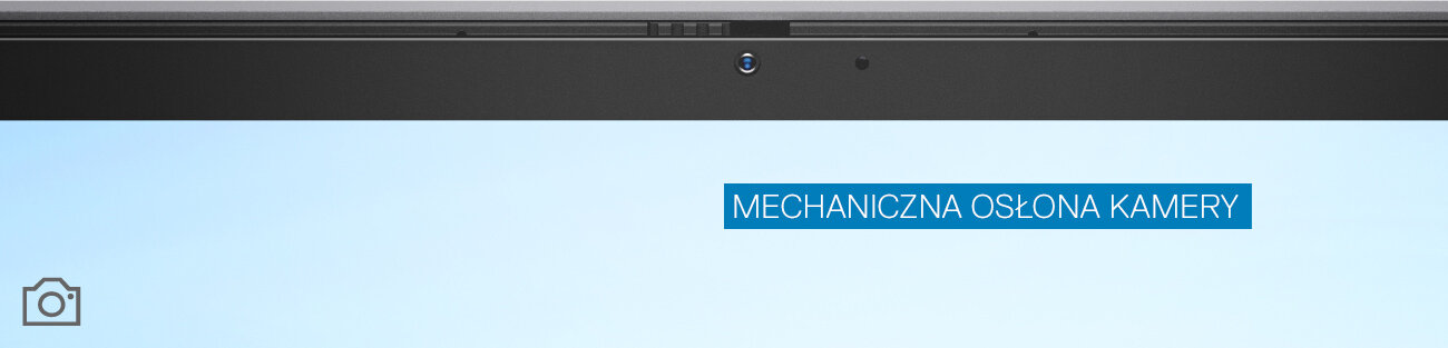 Obraz przedstawia górną część ekranu laptopa z widoczną kamerą i napisem \'MECHANICZNA OSŁONA KAMERY\'.