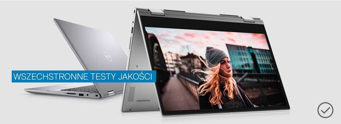 Laptop w trybie namiotu z wyświetlonym zdjęciem kobiety na ekranie. Na obrazie widoczny jest napis \'WSZECHSTRONNE TESTY JAKOŚCI\'.