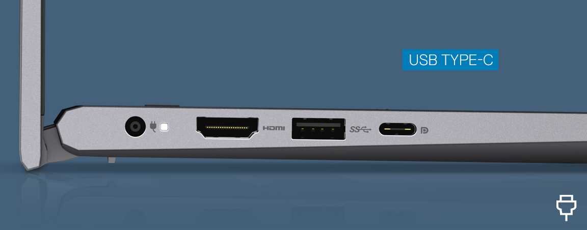 Zdjęcie przedstawia bok laptopa z widocznymi portami: zasilania, HDMI, USB, USB TYPE-C oraz gniazdo słuchawkowe. Na niebieskim tle znajduje się napis \'USB TYPE-C\'.