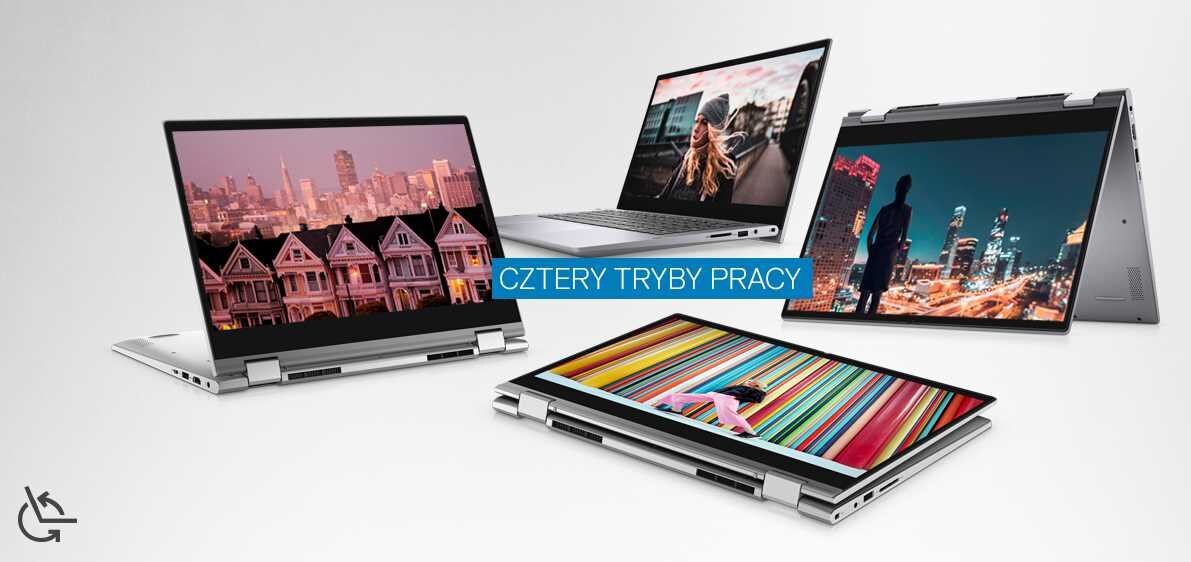 Obraz przedstawia cztery laptopy w różnych trybach pracy, z wyświetlonymi kolorowymi obrazami na ekranach. Na środku znajduje się napis \'CZTERY TRYBY PRACY\'.
