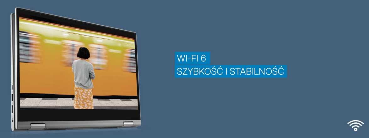 Obraz przedstawia laptop w trybie namiotu z ekranem wyświetlającym osobę stojącą przed rozmytym tłem. Obok znajduje się tekst: \'WI-FI 6 SZYBKOŚĆ I STABILNOŚĆ\'.