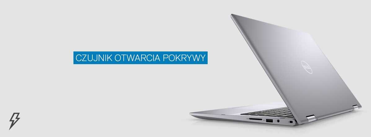 Srebrny laptop z logo DELL na pokrywie, częściowo otwarty, z widocznymi portami po boku. Obok napis \'CZUJNIK OTWARCIA POKRYWY\' na niebieskim tle oraz symbol błyskawicy.