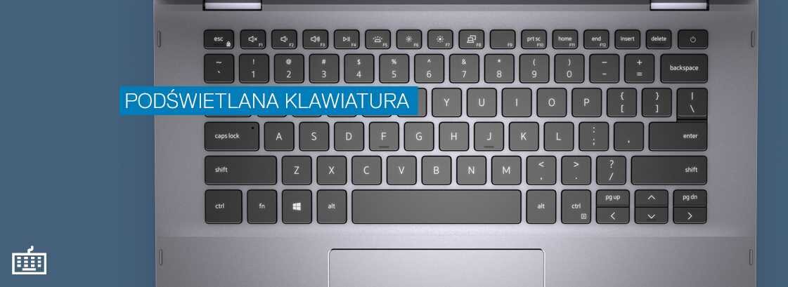 Obraz przedstawia klawiaturę laptopa z napisem \'PODŚWIETLANA KLAWIATURA\' na niebieskim tle. Widoczny jest również symbol klawiatury w lewym dolnym rogu.