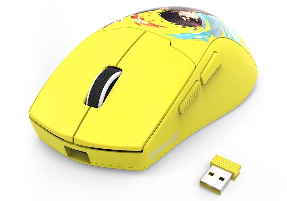 Żółta mysz komputerowa z kolorowym nadrukiem postaci na górze oraz logo \'Redragon\' na boku. Obok myszy znajduje się żółty odbiornik USB.