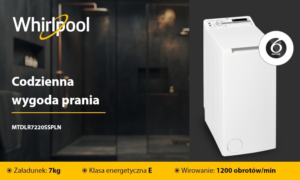 Obraz przedstawia pralkę z logo Whirlpool oraz tekstem: \'Codzienna wygoda prania MTDLR7220SSPLN\'. Na dole znajdują się informacje: \'Załadunek: 7kg\', \'Klasa energetyczna E\', \'Wirowanie: 1200 obrotów/min\'.