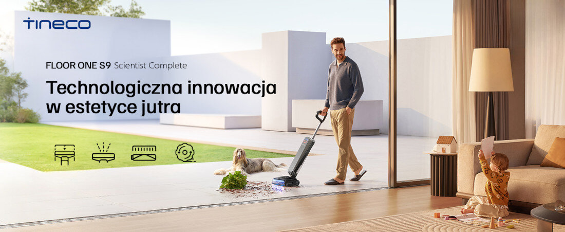 Mężczyzna używa odkurzacza mopującego na tarasie, obok siedzi pies. Na ścianie widoczny jest napis: \'FLOOR ONE S9 Scientist Complete Technologiczna innowacja w estetyce jutra\', a w lewym górnym rogu logo \'tineco\'.