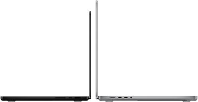 Dwa laptopy ustawione tyłem do siebie, jeden w kolorze czarnym, drugi srebrnym. Widoczne są porty po bokach obudowy.