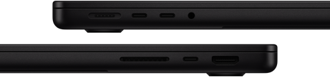 Obraz przedstawia dwa laptopy w kolorze czarnym, ukazujące porty boczne. Widoczne są różne złącza, w tym USB-C i gniazdo słuchawkowe.