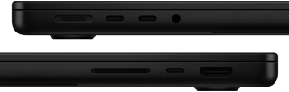 Obraz przedstawia dwa widoki boczne laptopa w kolorze czarnym, z widocznymi portami USB-C, gniazdem słuchawkowym oraz innymi złączami. Na dolnym widoku widać dodatkowe porty, w tym HDMI i czytnik kart pamięci.