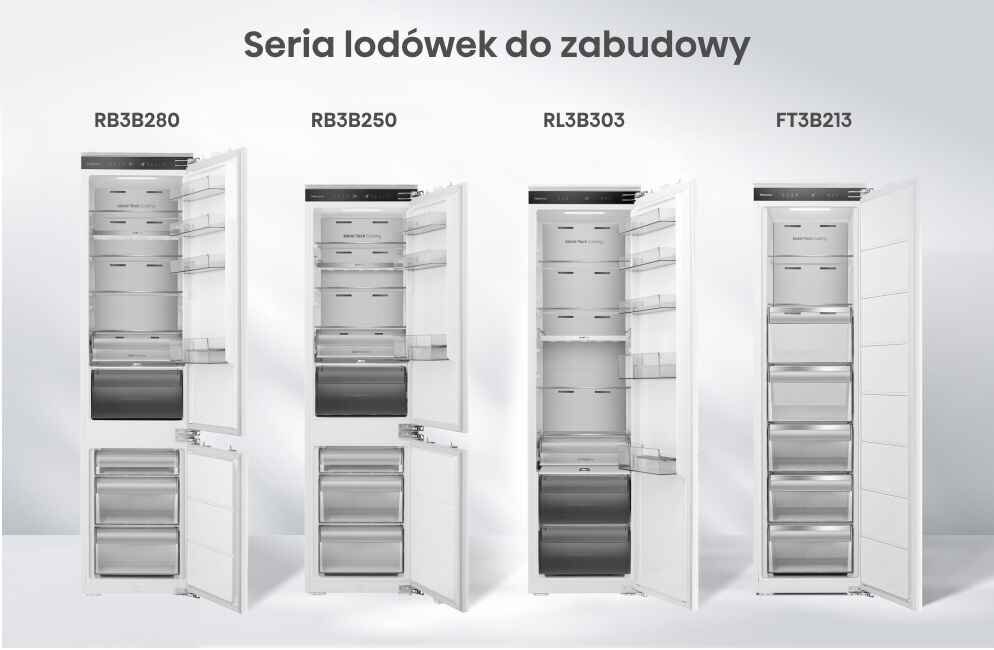 Obraz przedstawia cztery modele lodówek do zabudowy z otwartymi drzwiami, oznaczone jako RB3B280, RB3B250, RL3B303 i FT3B213. Nad lodówkami widnieje napis \'Seria lodówek do zabudowy\'.