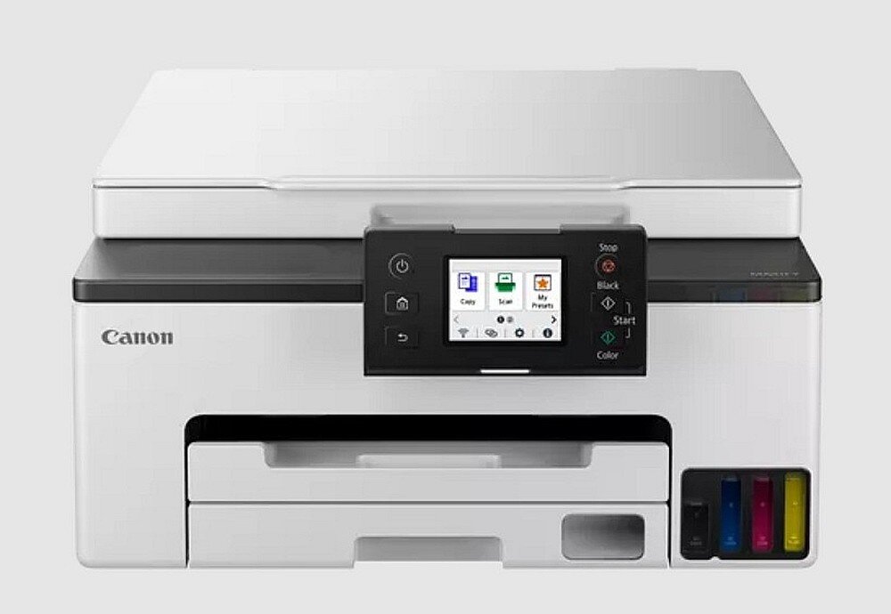 Na obrazie widoczne jest białe urządzenie wielofunkcyjne z wyświetlaczem dotykowym, na którym znajdują się ikony: Copy, Scan, My Printer. Logo Canon jest umieszczone na przedniej części urządzenia.