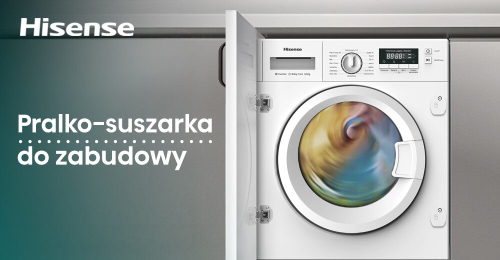 Obraz przedstawia pralko-suszarkę do zabudowy marki Hisense z otwartymi drzwiami, za którymi widać wirujący bęben. Na obrazie znajduje się tekst: \'Pralko-suszarka do zabudowy\'.