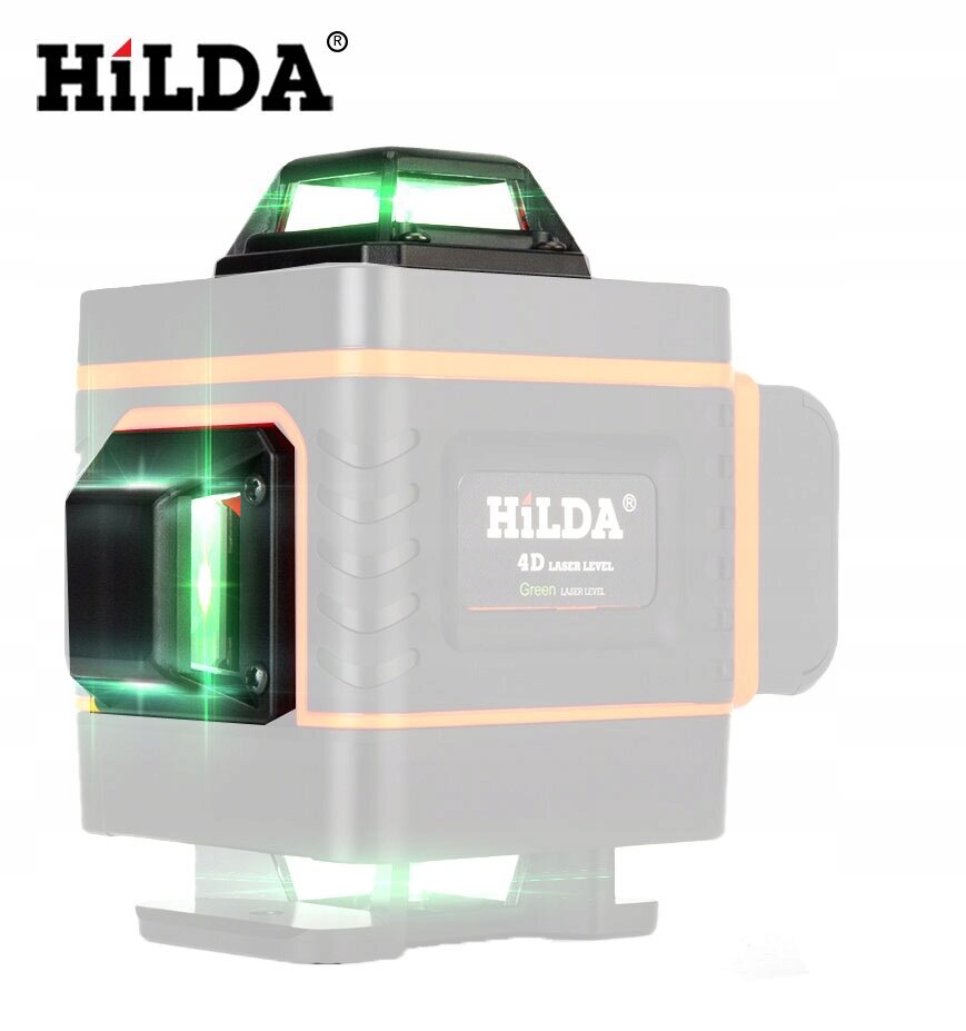 Obraz przedstawia poziomicę laserową z zielonymi promieniami laserowymi. Na urządzeniu widoczny jest napis \'HILDA 4D Laser Level Green\'.