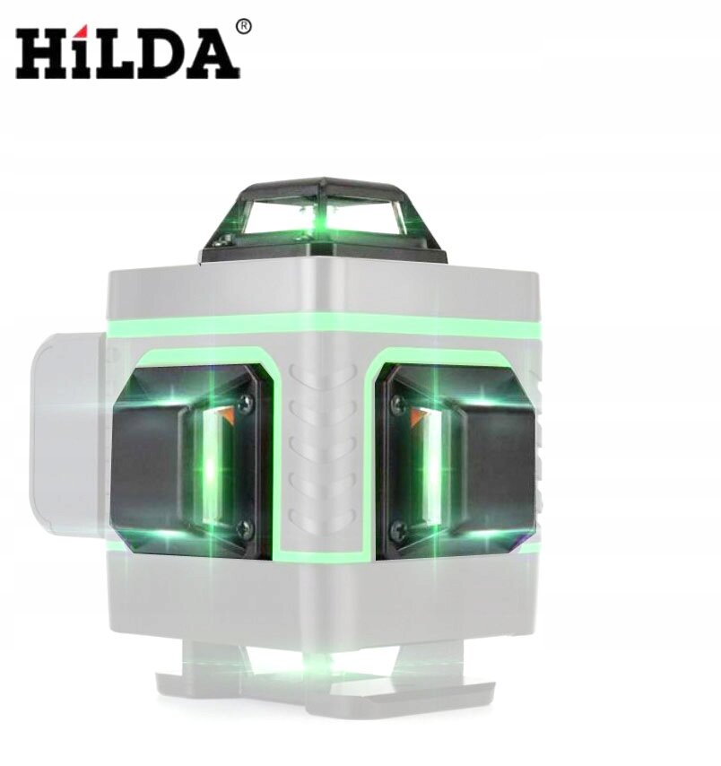 Na obrazie widoczna jest poziomica laserowa z zielonymi liniami świetlnymi, posiadająca osłonę na górze. W lewym górnym rogu znajduje się logo \'HILDA\'.