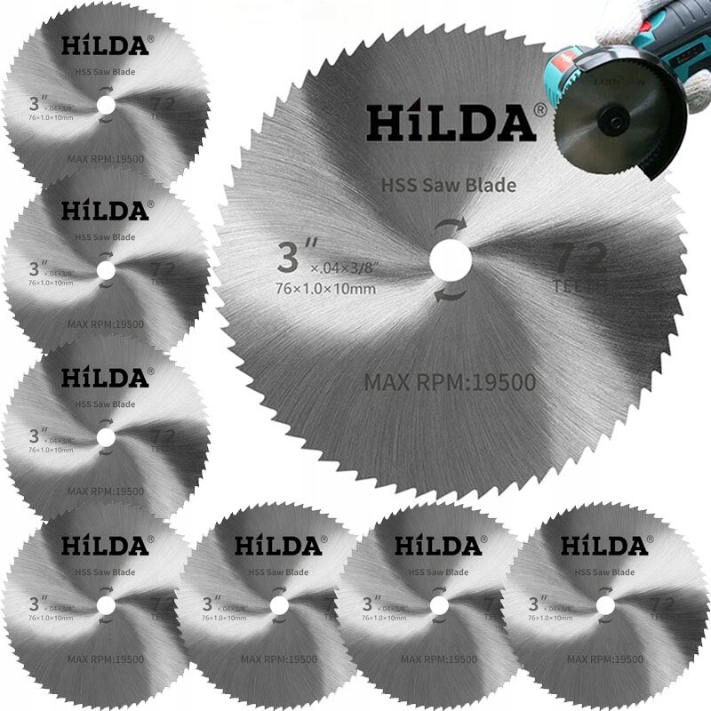 Na obrazie widocznych jest dziesięć tarcz tnących do szlifierki z napisem \'HILDA HSS Saw Blade 3\