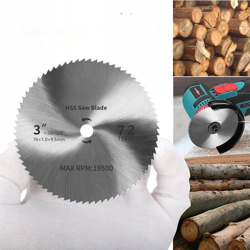Na obrazie widoczna jest metalowa tarcza tnąca z napisem \'HSS Saw Blade\', \'3\