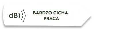 Obraz przedstawia biały symbol z napisem \'dB\' oraz tekst \'BARDZO CICHA PRACA\'.