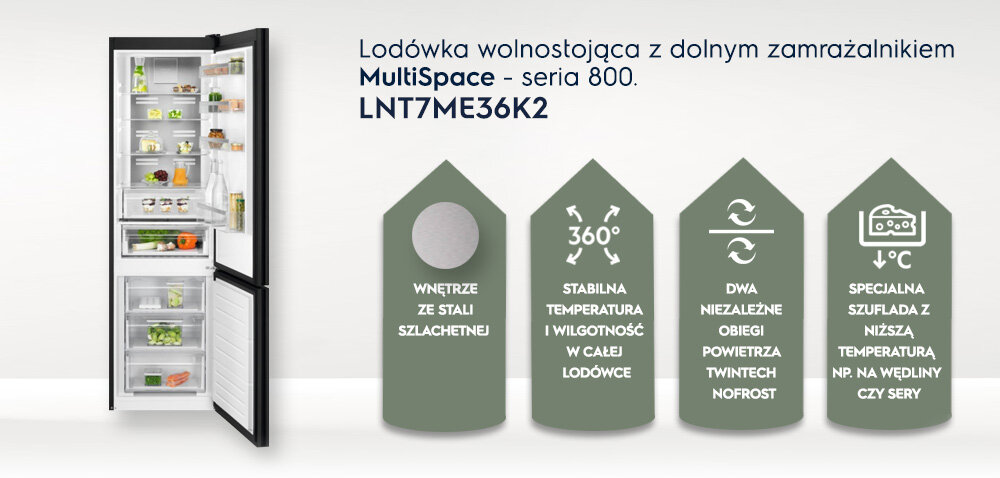 Obraz przedstawia otwartą lodówkę z dolnym zamrażalnikiem, wypełnioną różnymi produktami spożywczymi. Obok lodówki znajdują się cztery ikony z opisami: \'Wnętrze ze stali szlachetnej\', \'Stabilna temperatura i wilgotność w całej lodówce\', \'Dwa niezależne obiegi powietrza TwinTech NoFrost\', \'Specjalna szuflada z niższą temperaturą np. na wędliny czy sery\'.