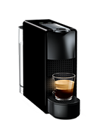 Czarny ekspres do kawy z filiżanką espresso na podstawce. Urządzenie ma prosty, nowoczesny design.