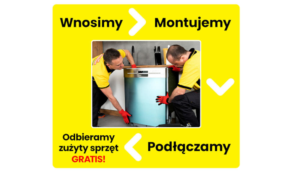 Dwóch mężczyzn w żółtych koszulkach i czerwonych rękawicach wnosi zmywarkę do kuchni. Na żółtym tle widnieje tekst: \'Wnosimy\', \'Montujemy\', \'Odbieramy zużyty sprzęt GRATIS!\', \'Podłączamy\'.