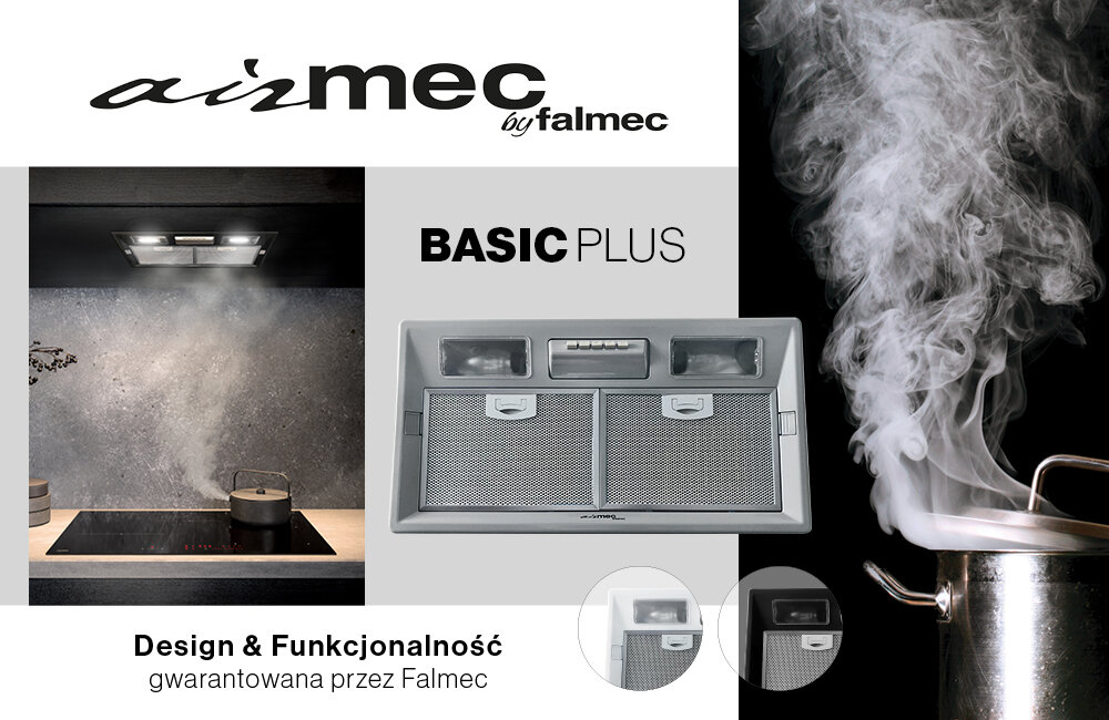 Obraz przedstawia okap kuchenny z napisem \'airmec by falmec BASIC PLUS\'. Po lewej stronie widać okap nad kuchenką z parującym garnkiem, a po prawej stronie parujący garnek z dużą ilością pary.