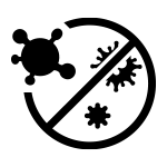 Czarny symbol przedstawiający przekreślone mikroorganizmy, sugerujący działanie antybakteryjne.