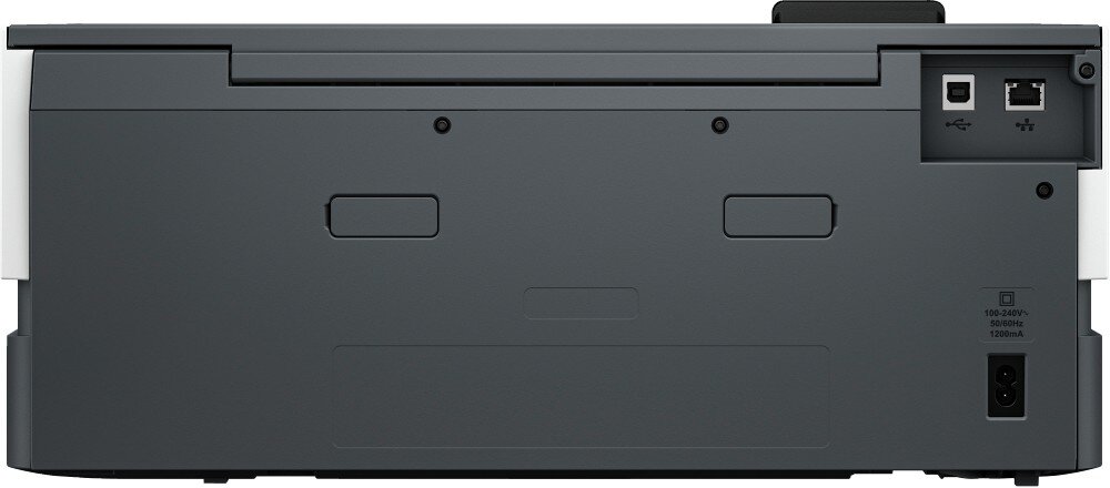 Tył drukarki z widocznymi portami USB i Ethernet oraz gniazdem zasilania. Na obudowie znajduje się oznaczenie napięcia: 100-240V, 50/60Hz, 1000mA.
