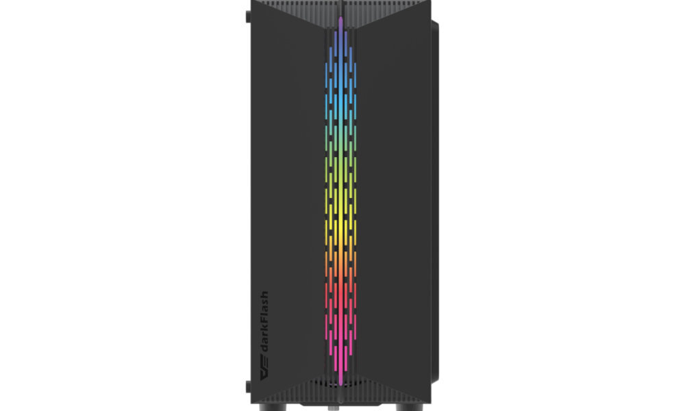 Czarna obudowa komputerowa z pionowym, kolorowym podświetleniem RGB na środku. Na boku widoczne jest logo \'darkFlash\'.