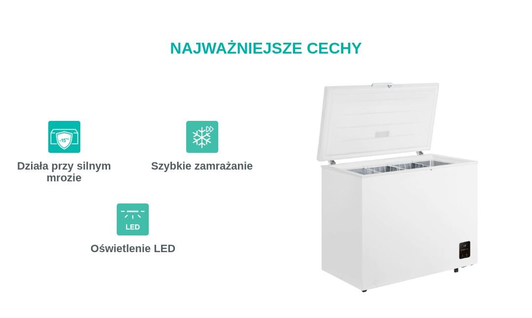 Obraz przedstawia białą zamrażarkę z otwartą pokrywą oraz tekst \'NAJWAŻNIEJSZE CECHY\'. Obok zamrażarki znajdują się ikony z napisami: \'Działa przy silnym mrozie\', \'Szybkie zamrażanie\', \'Oświetlenie LED\'.