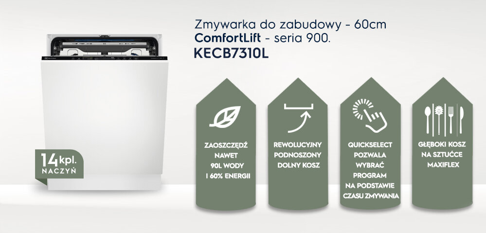 Obraz przedstawia zmywarkę do zabudowy z napisem \'Zmywarka do zabudowy - 60cm ComfortLift - seria 900. KECB7310L\'. Obok znajdują się ikony z tekstami: \'ZAOSZCZĘDŹ NAWET 90L WODY I 60% ENERGII\', \'REWOLUCYJNY PODNOSZONY DOLNY KOSZ\', \'QUICKSELECT POZWALA WYBRAĆ PROGRAM NA PODSTAWIE CZASU ZMYWANIA\', \'GŁĘBOKI KOSZ NA SZTUĆCE MAXIFLEX\'.