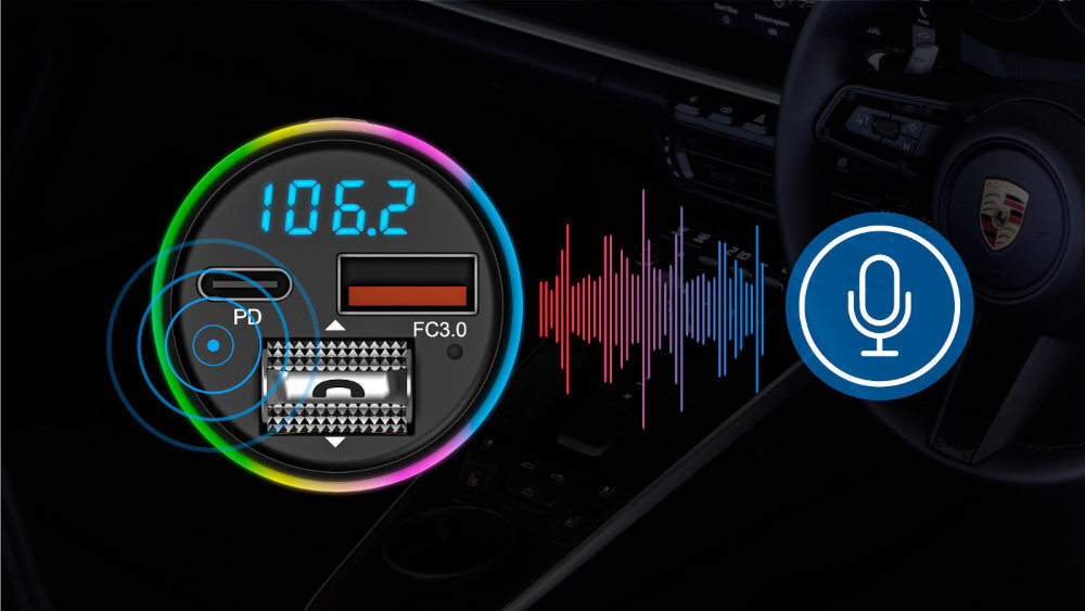 Obraz przedstawia transmiter FM z wyświetlaczem pokazującym częstotliwość 106.2 oraz portami oznaczonymi jako PD i FC3.0. Obok widoczna jest ikona mikrofonu i kolorowe fale dźwiękowe.