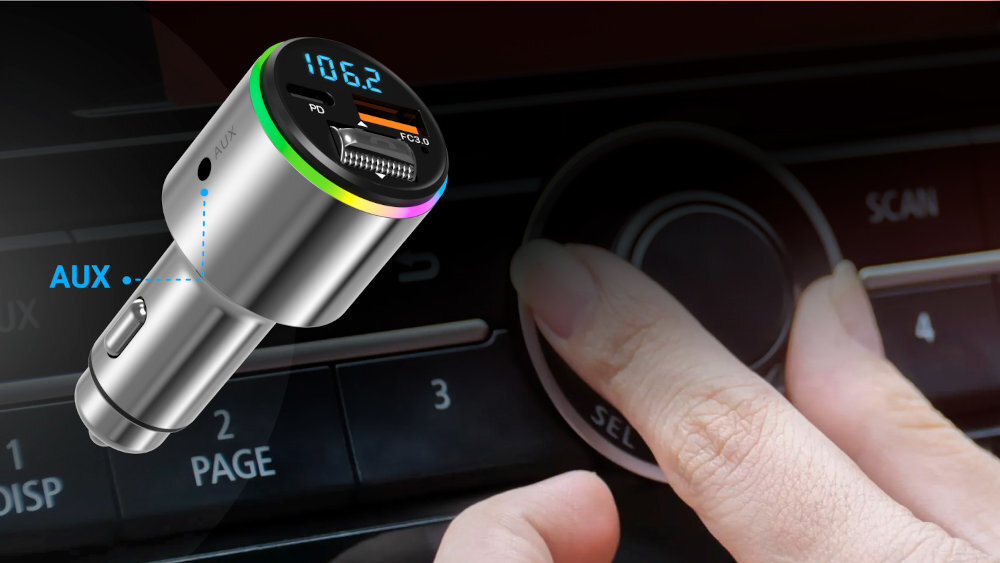 Na obrazie widoczny jest transmiter FM z wyświetlaczem pokazującym częstotliwość 106.2 oraz portem USB. W tle znajduje się ręka regulująca pokrętło na panelu samochodowym z widocznymi napisami AUX, DISP, PAGE, SCAN, SELECT.