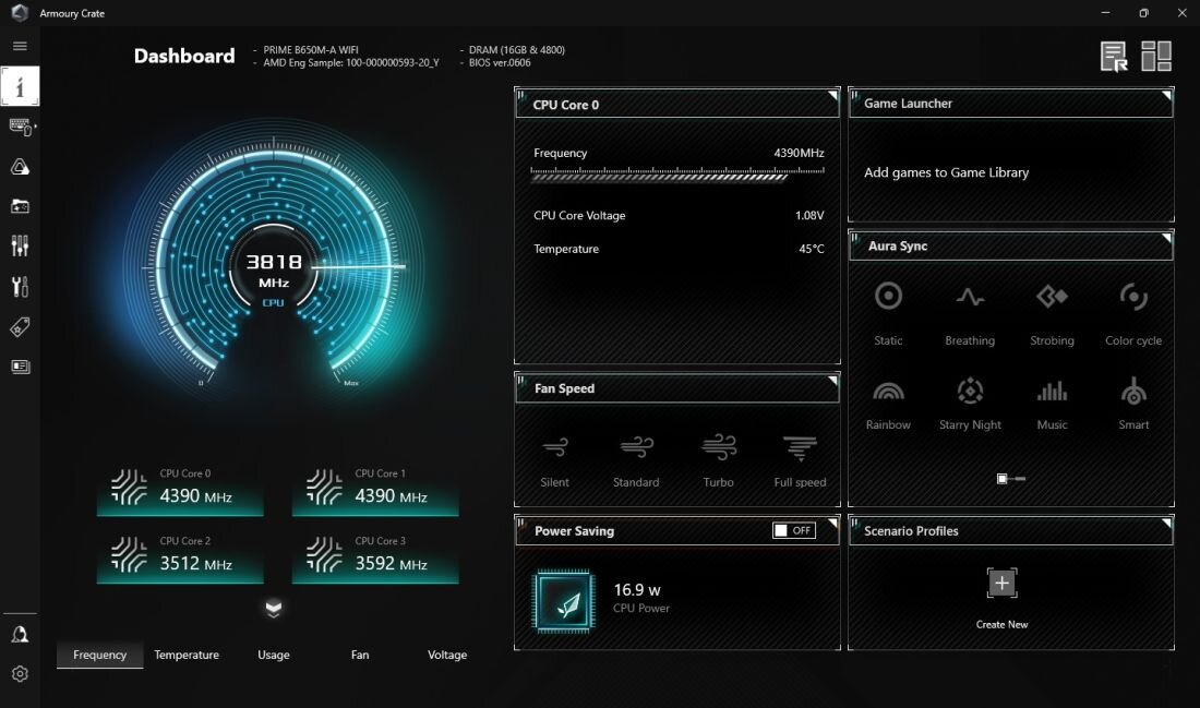 Interfejs oprogramowania Armory Crate pokazuje informacje o płycie głównej PRIME B650M-A WIFI, w tym częstotliwość CPU 3818 MHz i zużycie energii 16.9 W. Widoczne są także opcje zarządzania prędkością wentylatorów i synchronizacją Aura Sync.