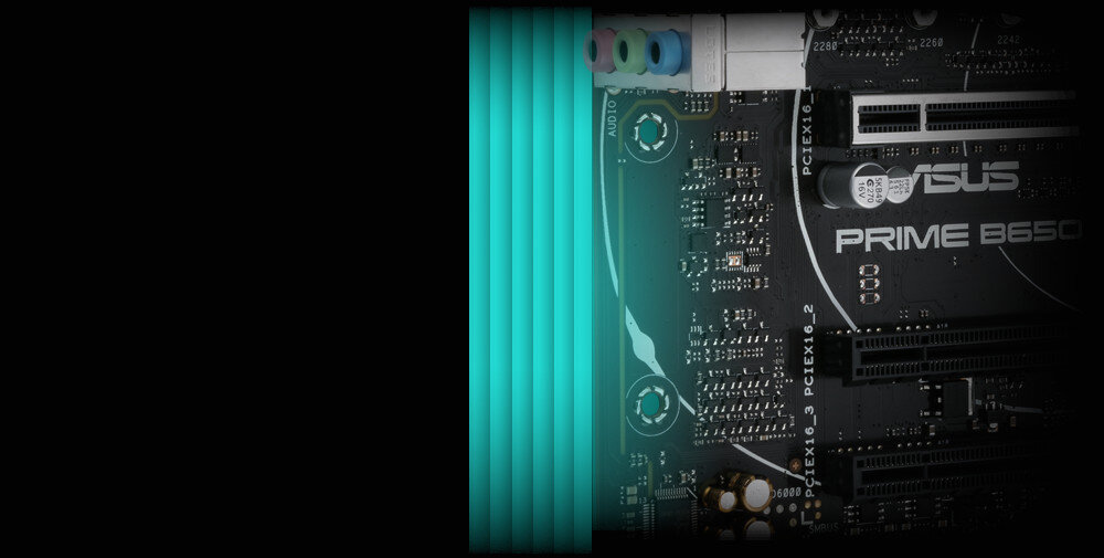 Obraz przedstawia fragment płyty głównej z widocznym logo ASUS i napisem \'PRIME B650\'.