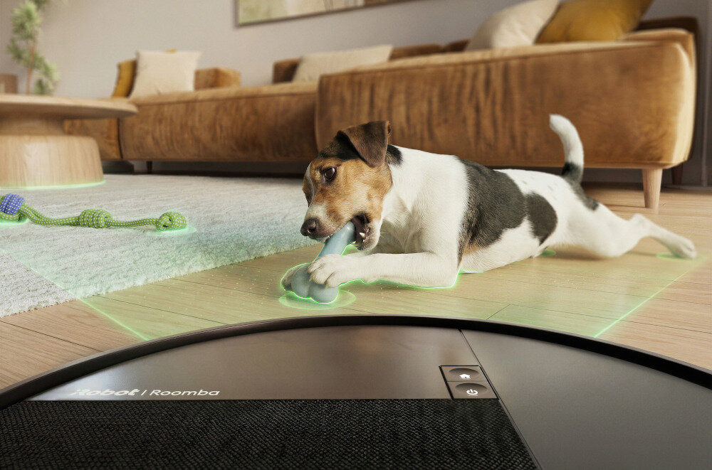 Na podłodze w salonie leży pies bawiący się zabawką, a w tle widać kanapę. Na pierwszym planie znajduje się fragment robota sprzątającego z widocznym logo \'iRobot Roomba\'.