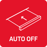 Czerwony kwadrat z białym symbolem okapu i napisem \'AUTO OFF\'.