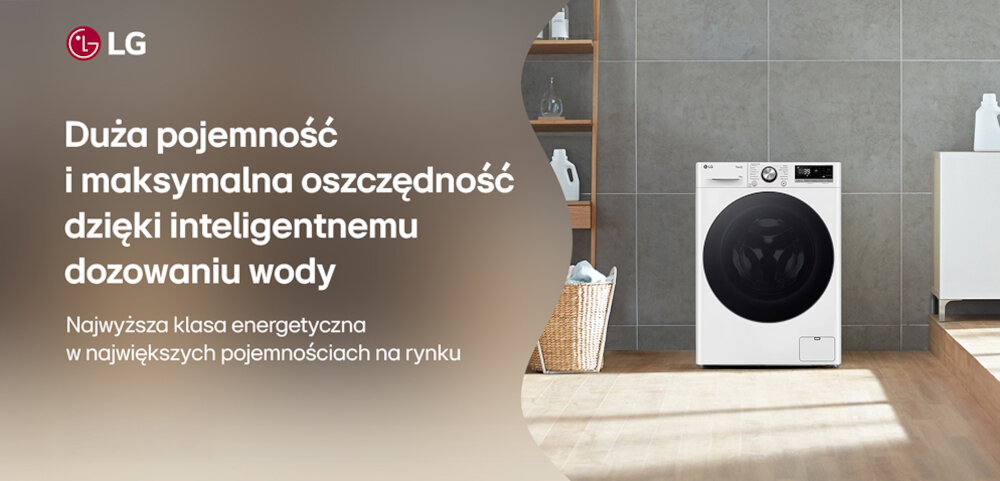 Obraz przedstawia pralkę w nowoczesnym wnętrzu z szarymi płytkami na ścianie. Po lewej stronie widoczny jest tekst: \'Duża pojemność i maksymalna oszczędność dzięki inteligentnemu dozowaniu wody. Najwyższa klasa energetyczna w największych pojemnościach na rynku\'.