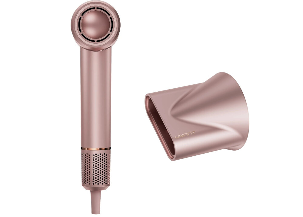 Różowa suszarka do włosów o nowoczesnym designie z widoczną nasadką. Na nasadce znajduje się napis \'UWANT\'.