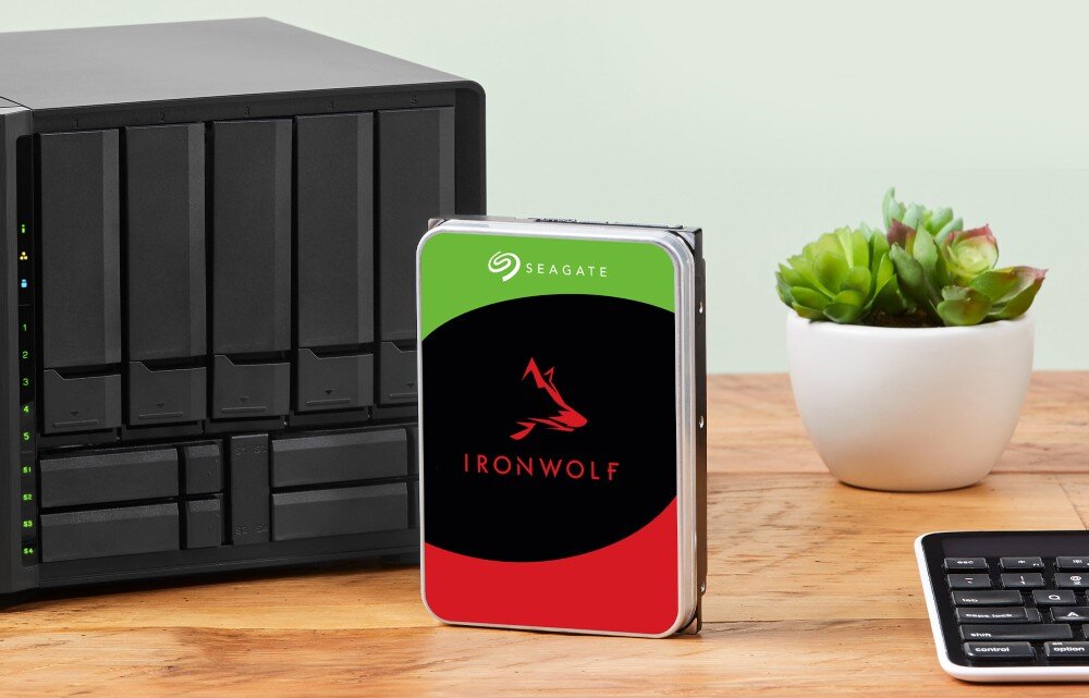 Na drewnianym biurku znajduje się dysk twardy z logo SEAGATE i napisem IRONWOLF, obok urządzenia z kilkoma zatokami na dyski. W tle widoczna jest klawiatura i mała roślina w doniczce.