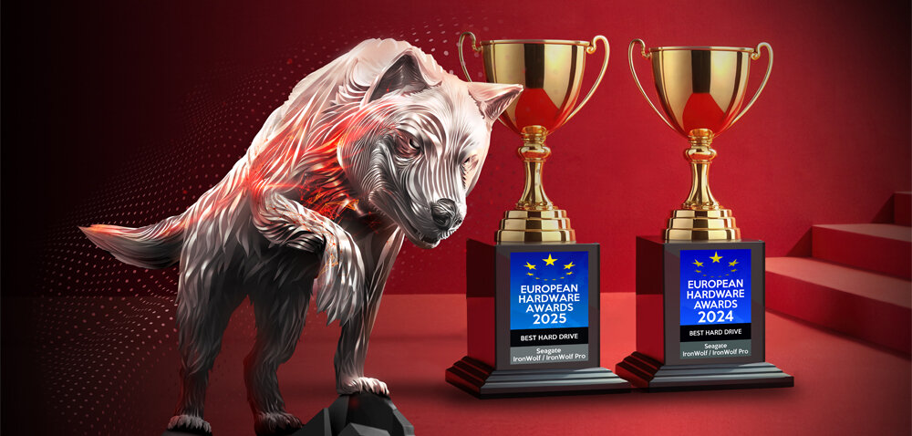 Obraz przedstawia figurę wilka oraz dwa puchary z napisem \'European Hardware Awards 2025 Best Hard Drive Seagate IronWolf Pro\' i \'European Hardware Awards 2024 Best Hard Drive Seagate IronWolf Pro\'.