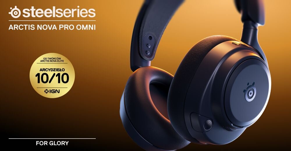 Obraz przedstawia bezprzewodowe słuchawki nauszne na tle w kolorze pomarańczowym. Widoczny jest tekst: \'steelseries ARCTIS NOVA PRO OMNI\', \'ARCYDZIEŁO 10/10 IGN\', \'FOR GLORY\'.
