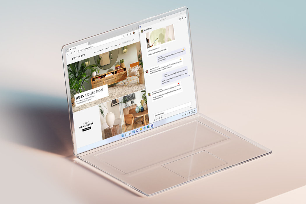 Na ekranie laptopa widoczne są dwie aplikacje: przeglądarka internetowa z witryną \'BUY IN FLY\' oraz aplikacja do czatowania. Na stronie internetowej widnieje napis \'HUES COLLECTION\'.