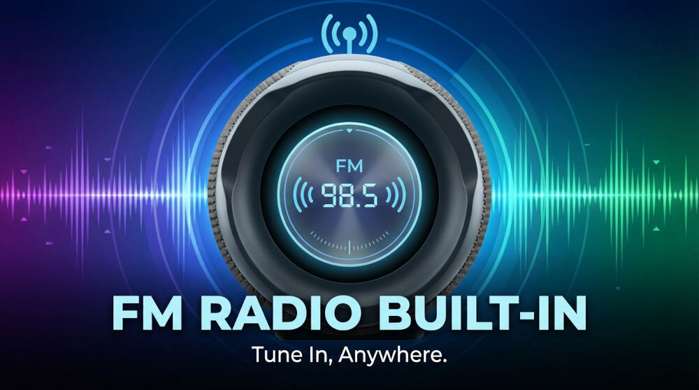 Głośnik przenośny Xmusic z wbudowanym radiem FM, widoczny od strony membrany z neonowym podświetleniem LED i napisem „Listen anywhere. Built-in FM Radio.” data-genbyai=